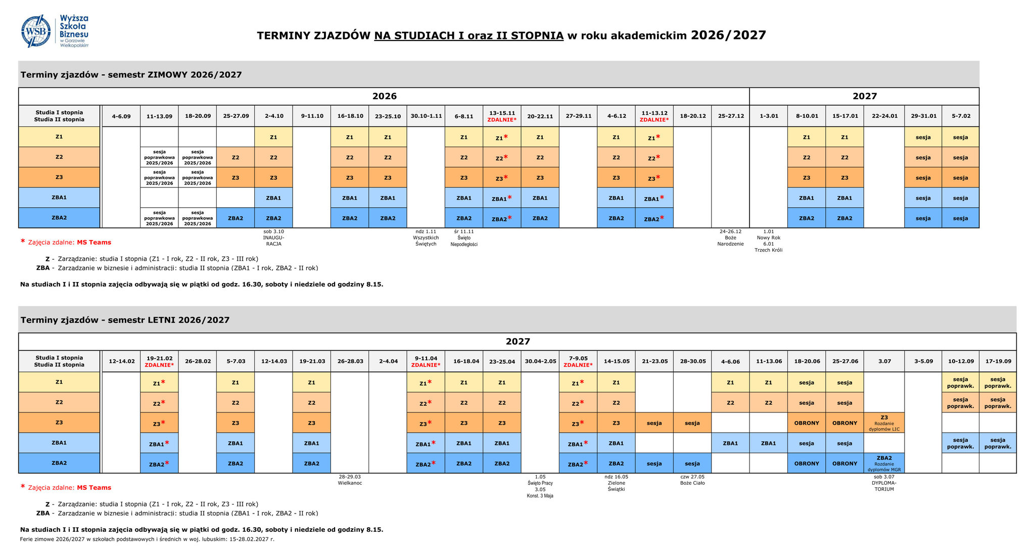 Terminy zjazdów 2026/2027 Lic/Mgr