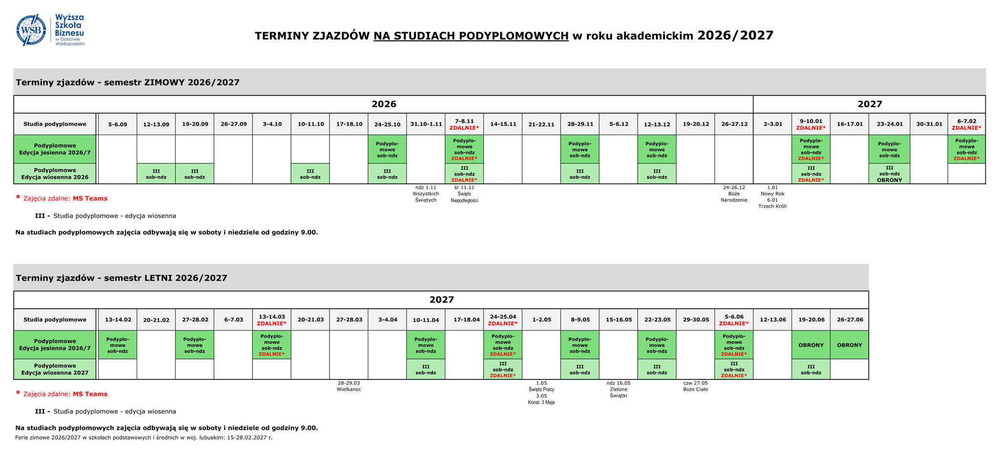 Terminy zjazdów - PODYPLOMOWE - 2026/2027